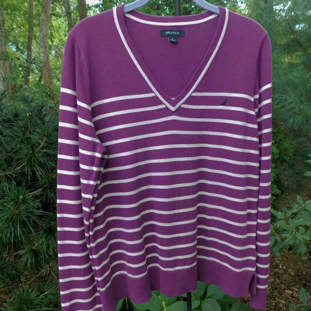 Nautica Purple Stripe Cotton V-Neck Sweater